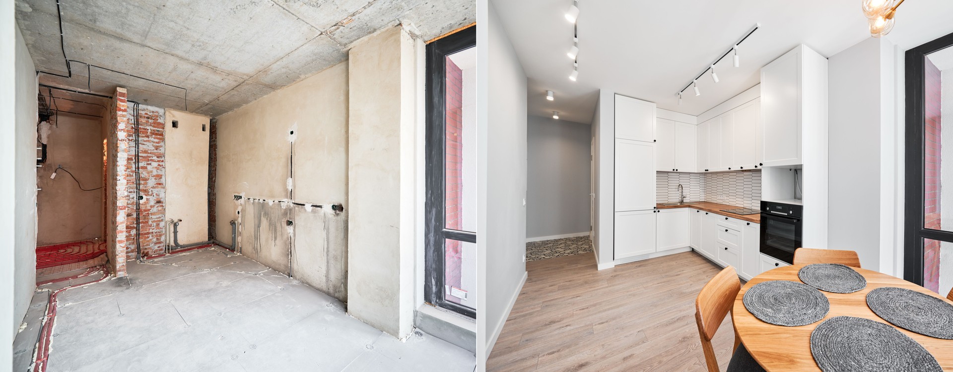 Kitchen apartment room before and after renovation.